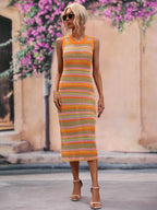 Striped Round Neck Sleeveless Midi Cover Up Dress (14)