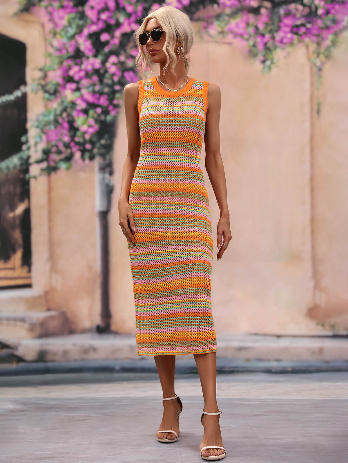Striped Round Neck Sleeveless Midi Cover Up Dress (14)