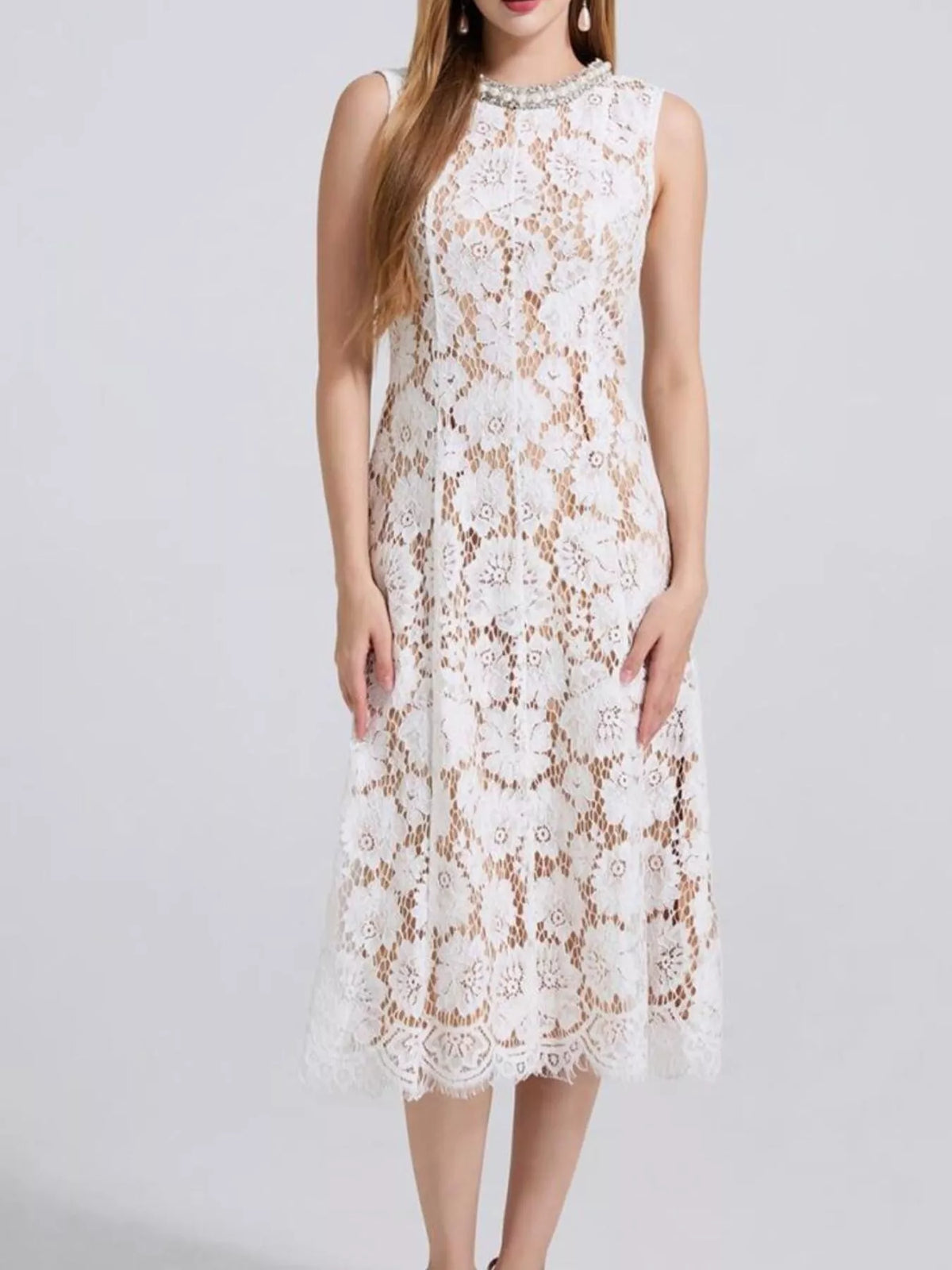 Pearl Neckline Sleeveless Lace Dress (4)