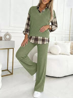 Ribbed Knit Plaid Sleeve Top Pants Set (14)
