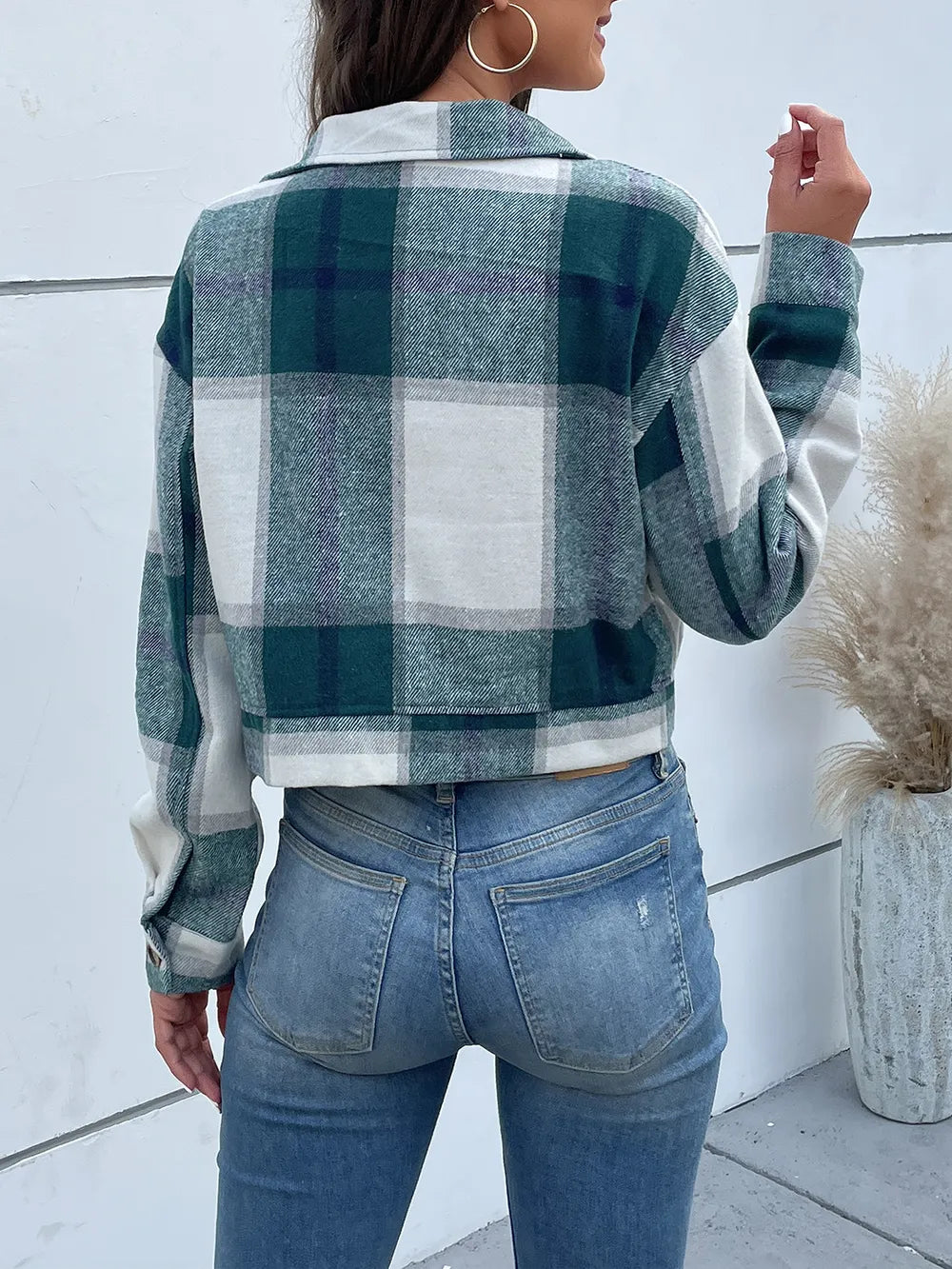 Plaid Button Up Drop Shoulder Cropped Jacket (2)