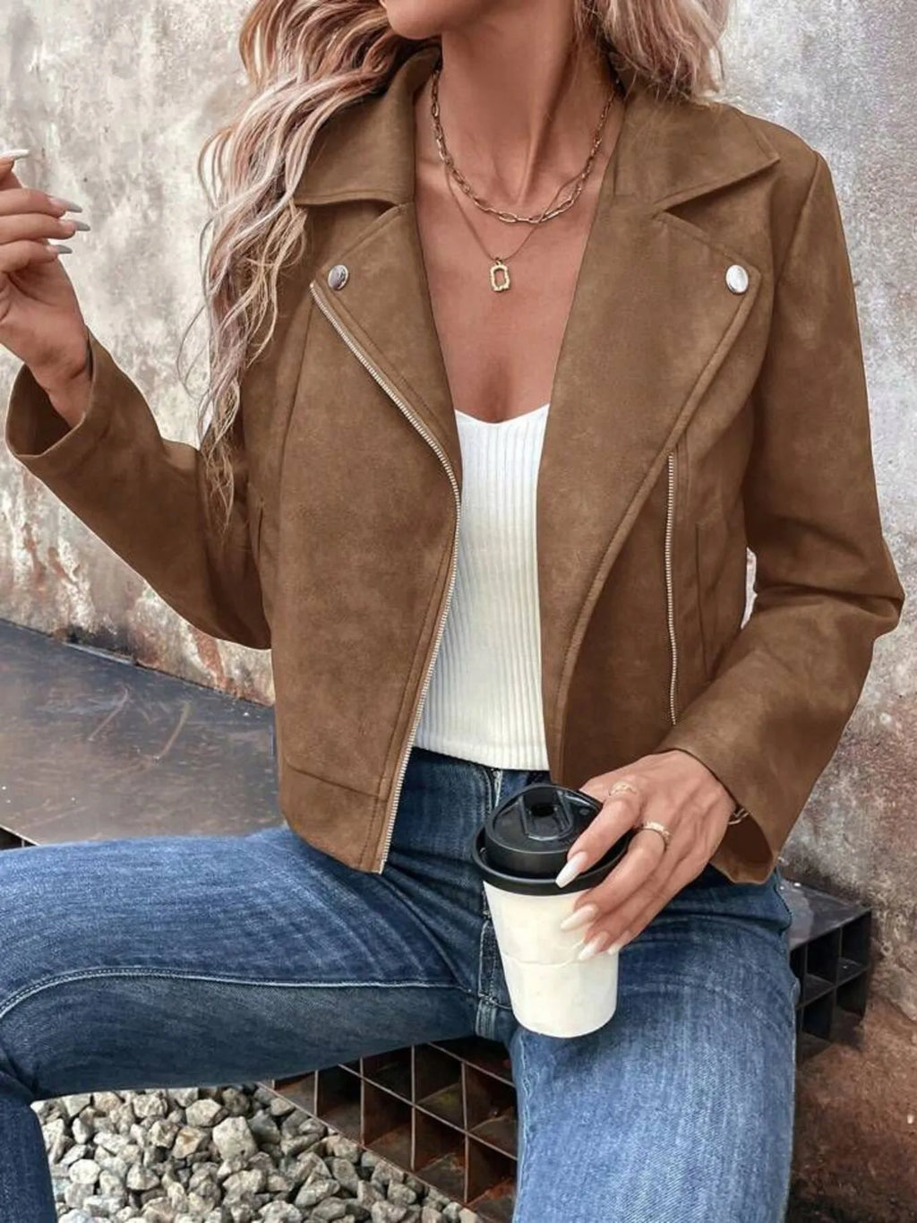 Zip Up Suede Cropped Moto Jacket (9)