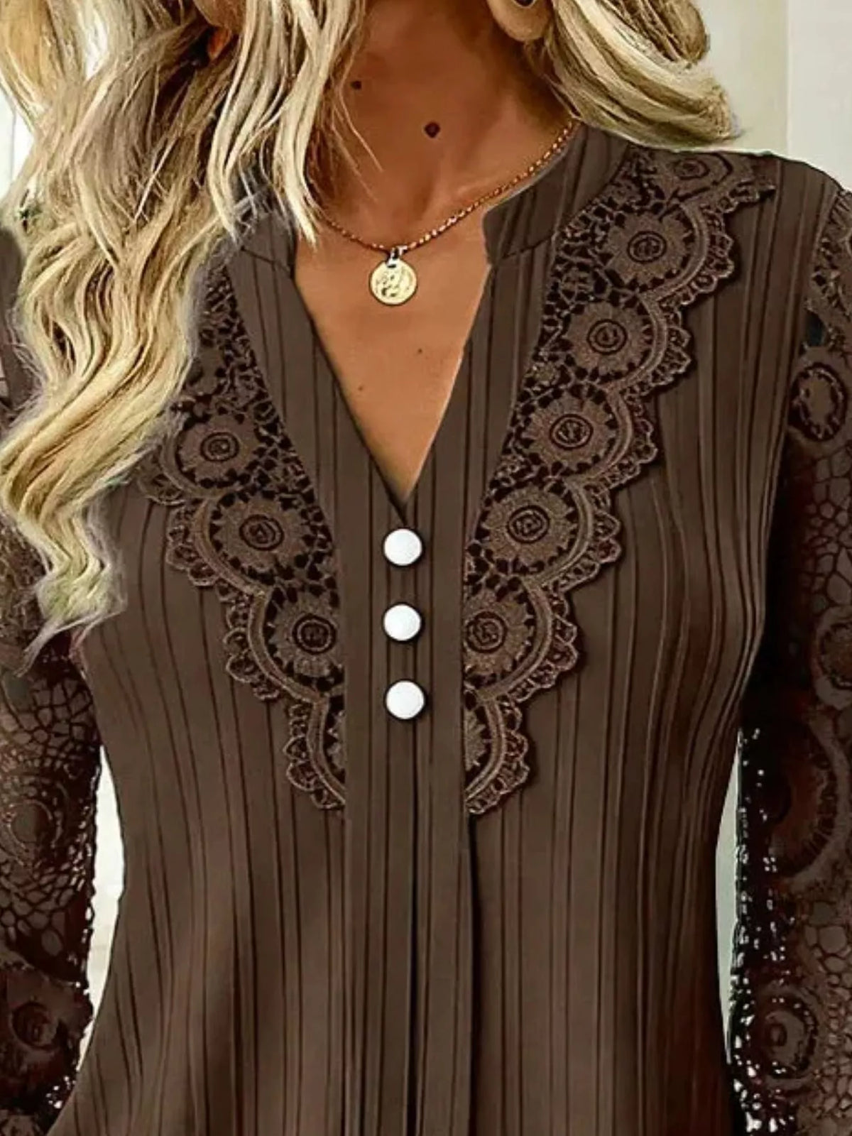 Lace Long Sleeve Notched Blouse (4)