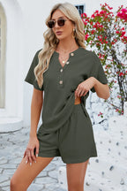 Notched Button Detail Dropped Shoulder Top Shorts Set (29)