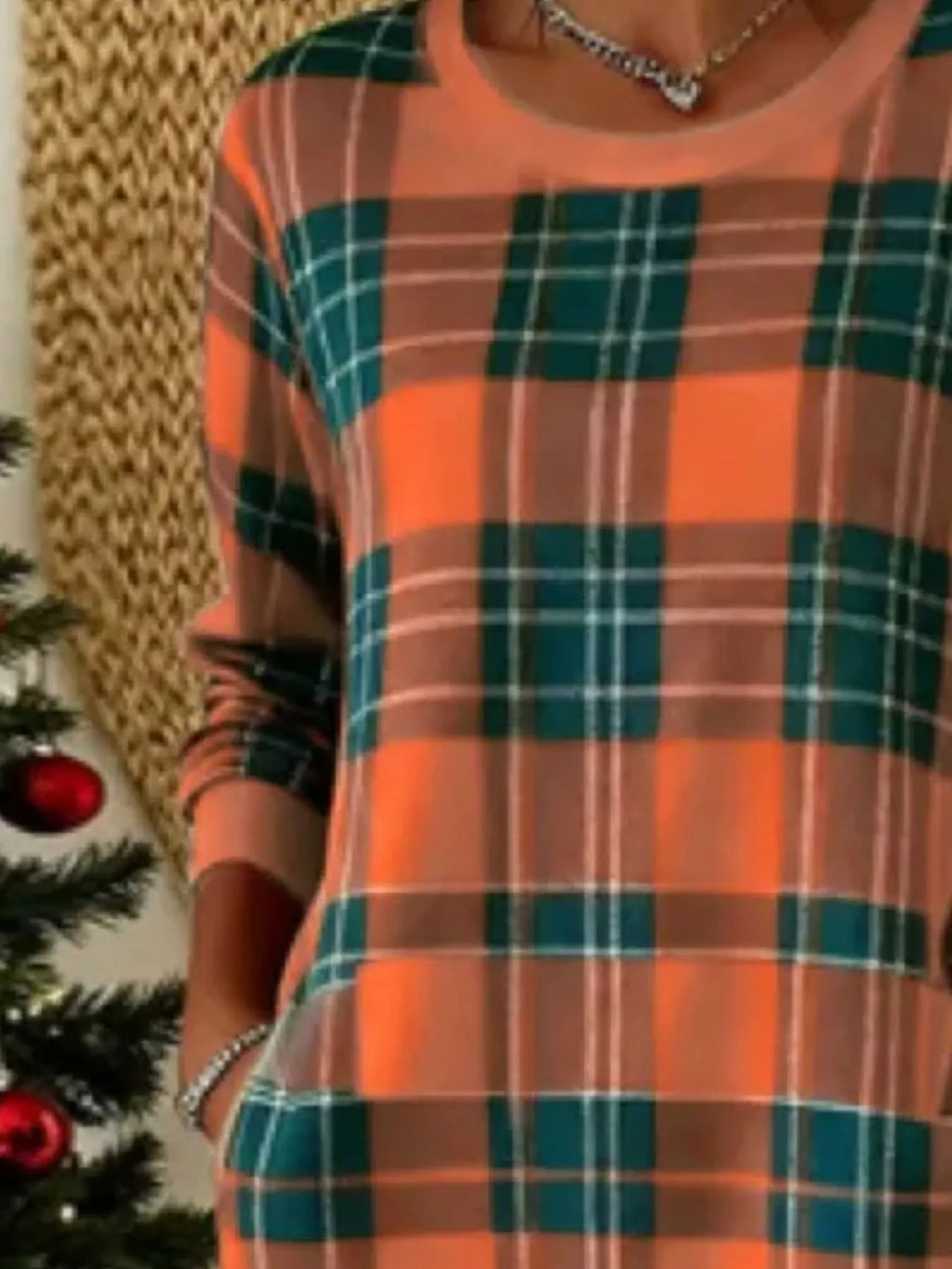 Full Size Plaid Long Sleeve Crew Neck Dress Pockets Plus (6)