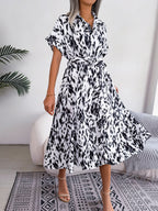 Printed Collared Neck Short Sleeve Tie Waist Dress (3)