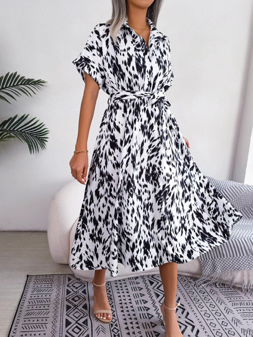Printed Collared Neck Short Sleeve Tie Waist Dress (3)
