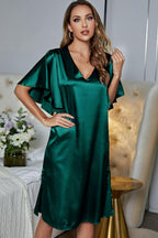 Satin Flutter Sleeve Side Slit V-neck Night Dress (9)