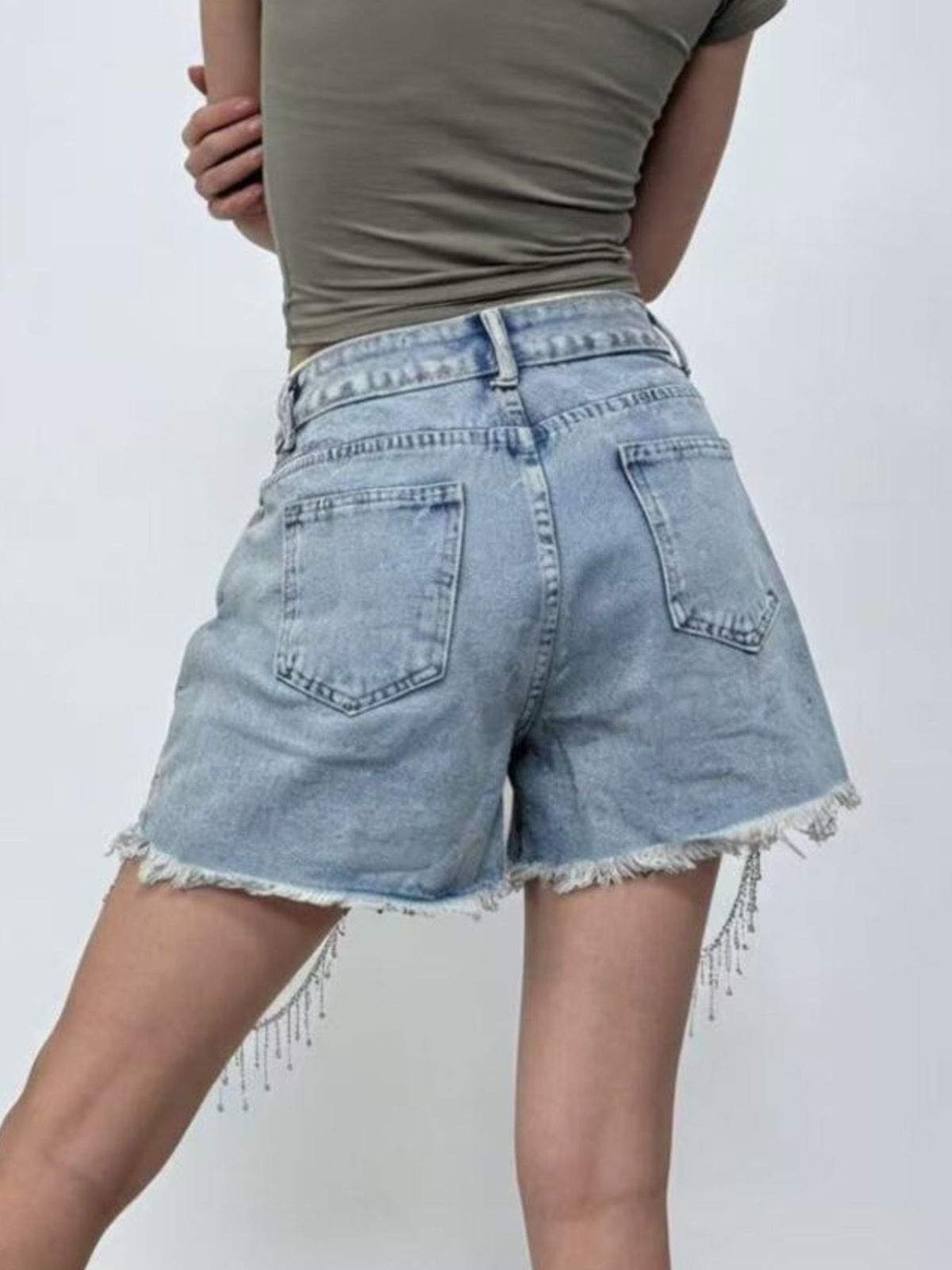 Rhinestone Chain Raw Hem Denim Shorts (2)