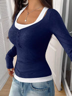Scoop Neck Long Sleeve Fake Two-piece T-shirt (19)