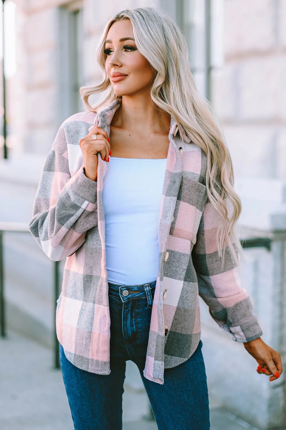 Plaid Button Up Dropped Shoulder Jacket (8)