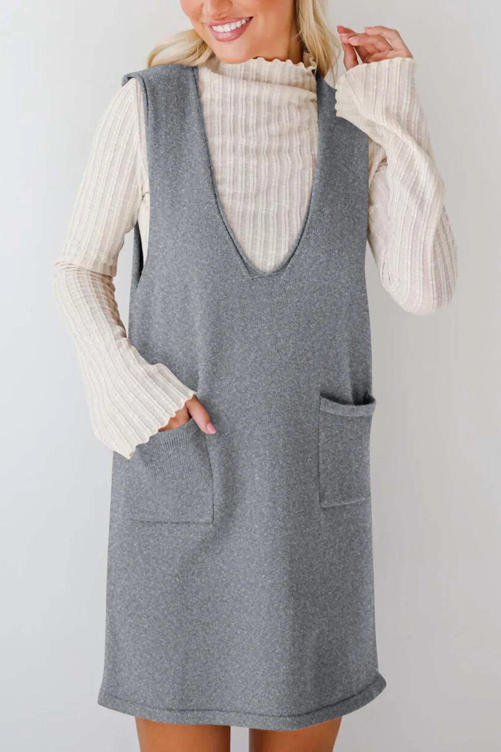 Pocketed V-neck Mini Sweater Overall Dress (21)