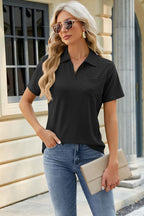 Pocketed Johnny Collar Short Sleeve Blouse (22)