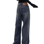 Retro Dark Blue Wide Leg Jeans Baggy Straight Trousers photo 1