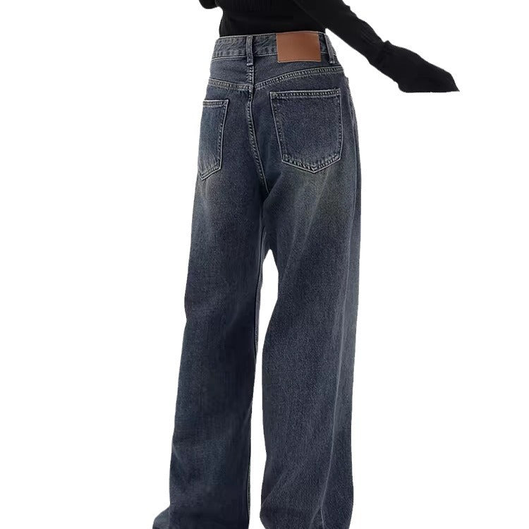 Retro Dark Blue Wide Leg Jeans Baggy Straight Trousers photo 1