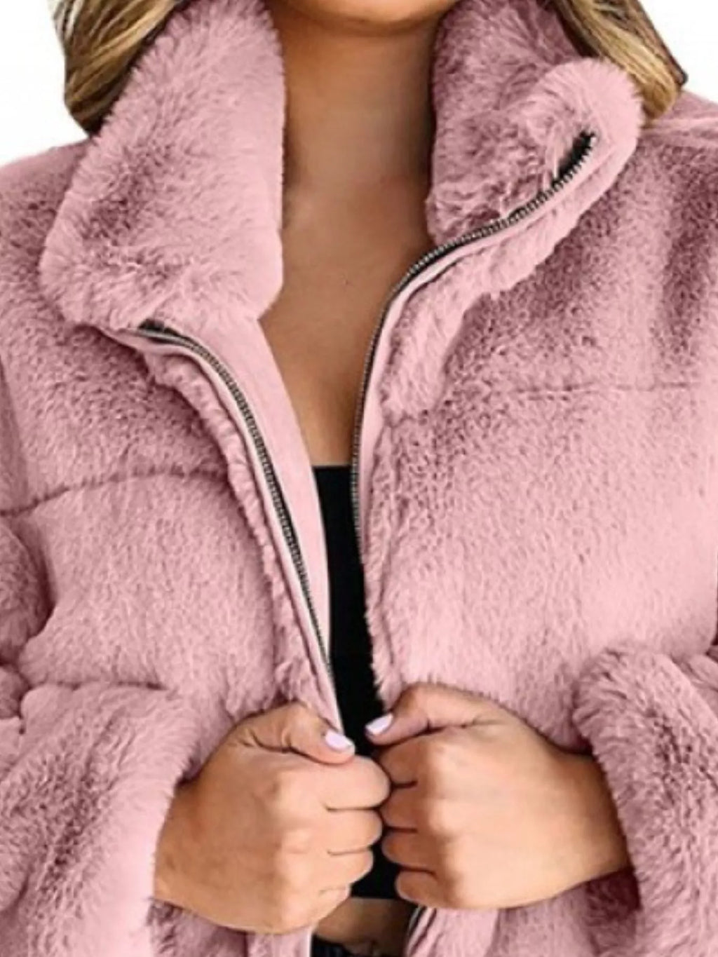 Full Size Faux Fur Cropped Zip-up Jacket Plus (14)