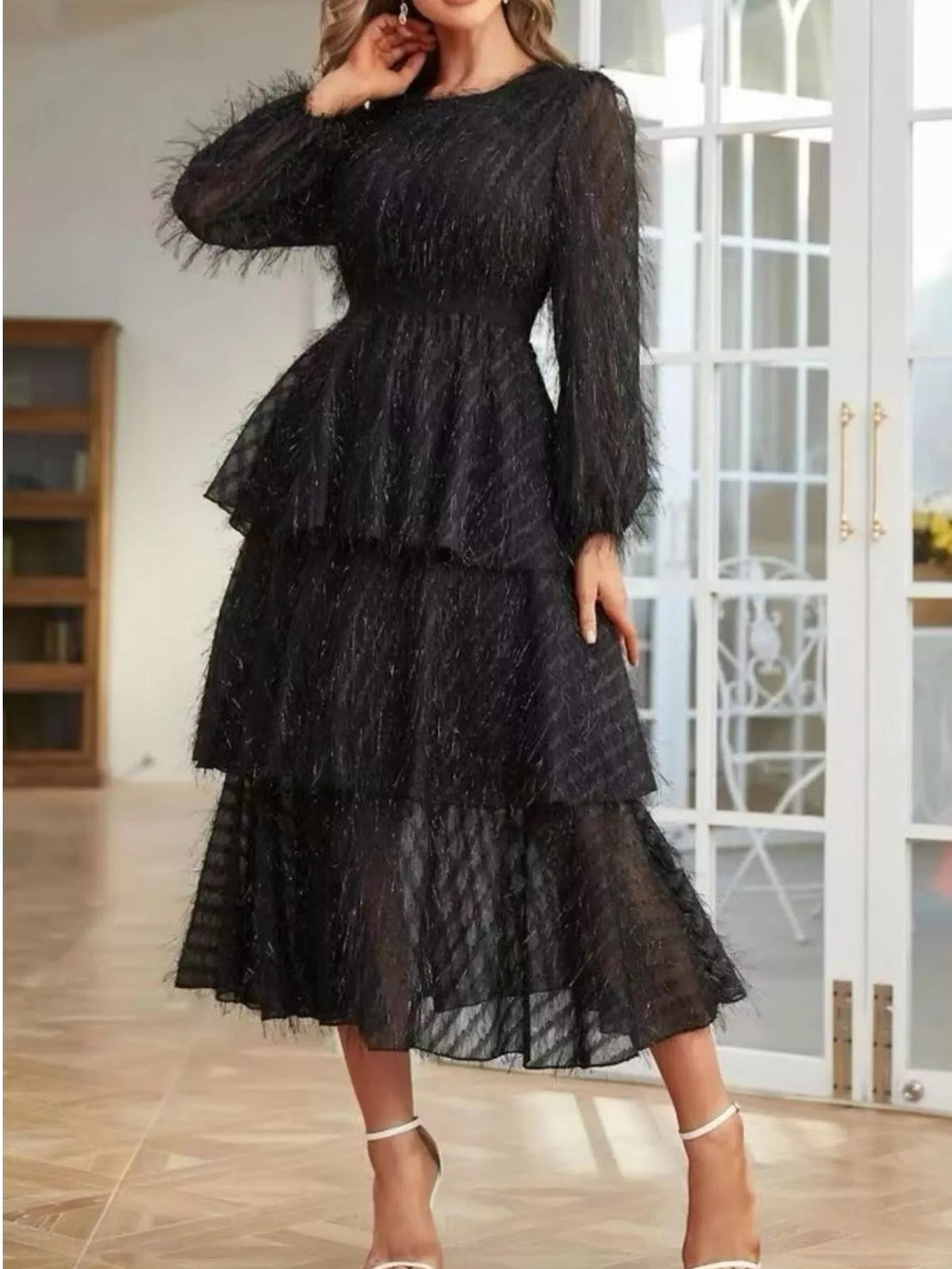 Full Size Layered Balloon Sleeve Midi Dress Plus (5)