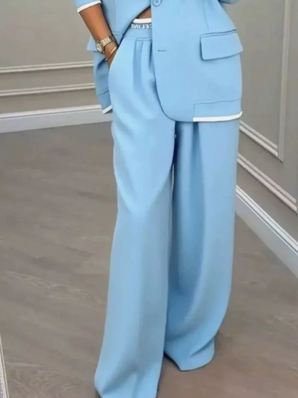 Full Size One Button Blazer Wide-leg Pants Set Plus (14)