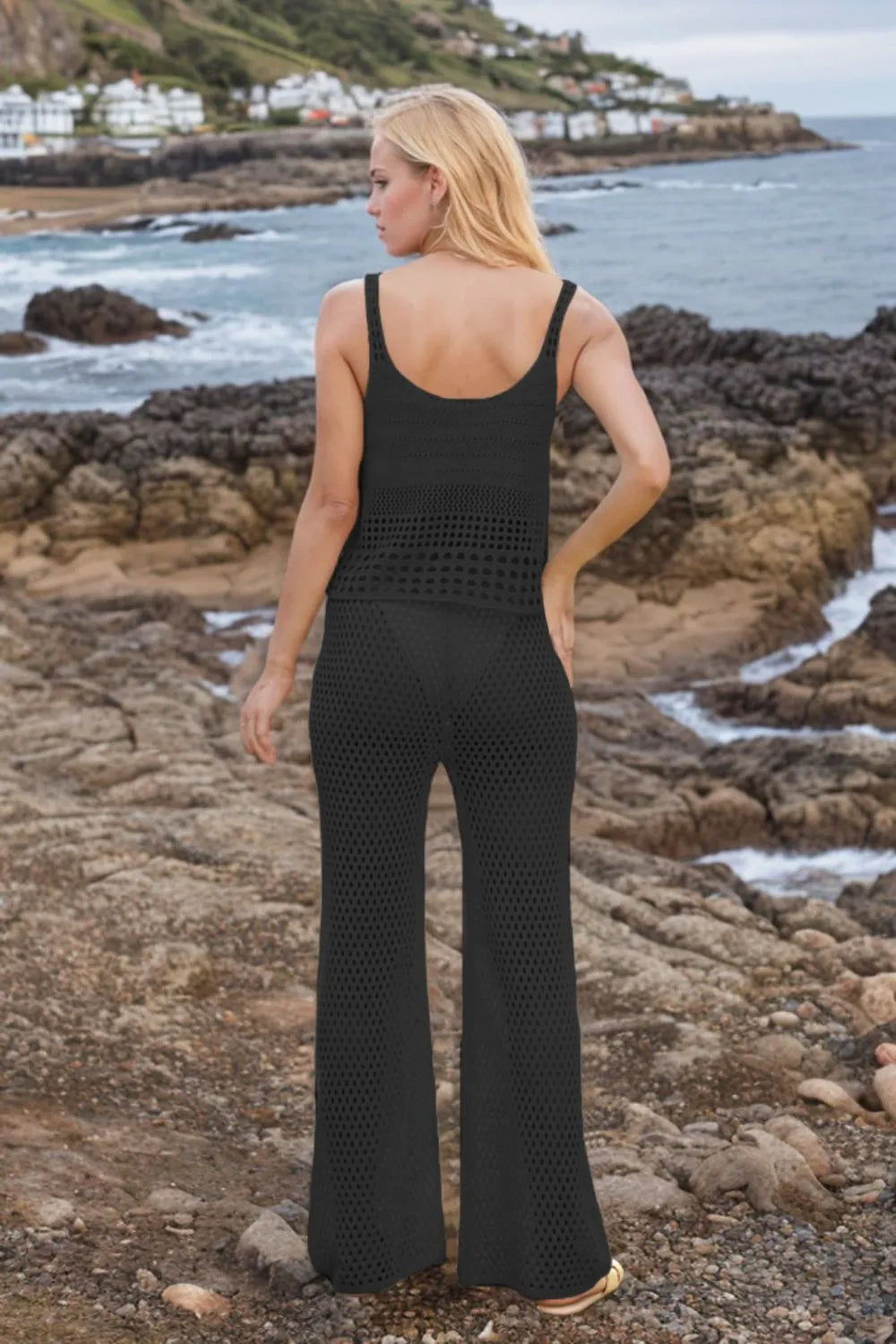 Hollow Out Round Neck Top Pants Sweater Cover Up Set (14)