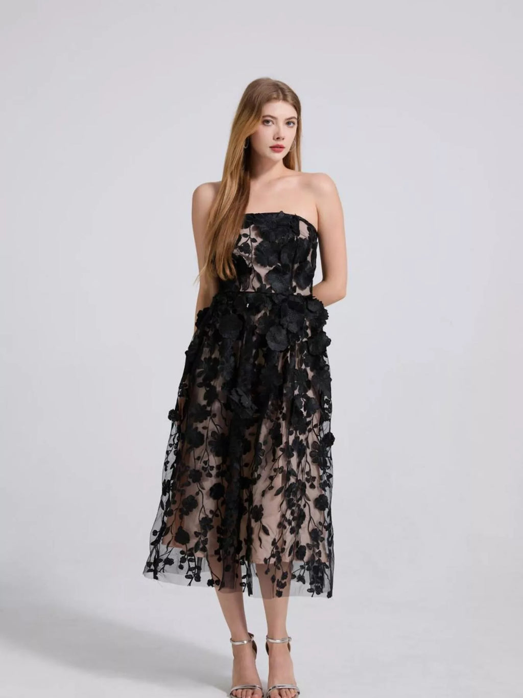 Floral Applique Strapless Midi Dress (3)