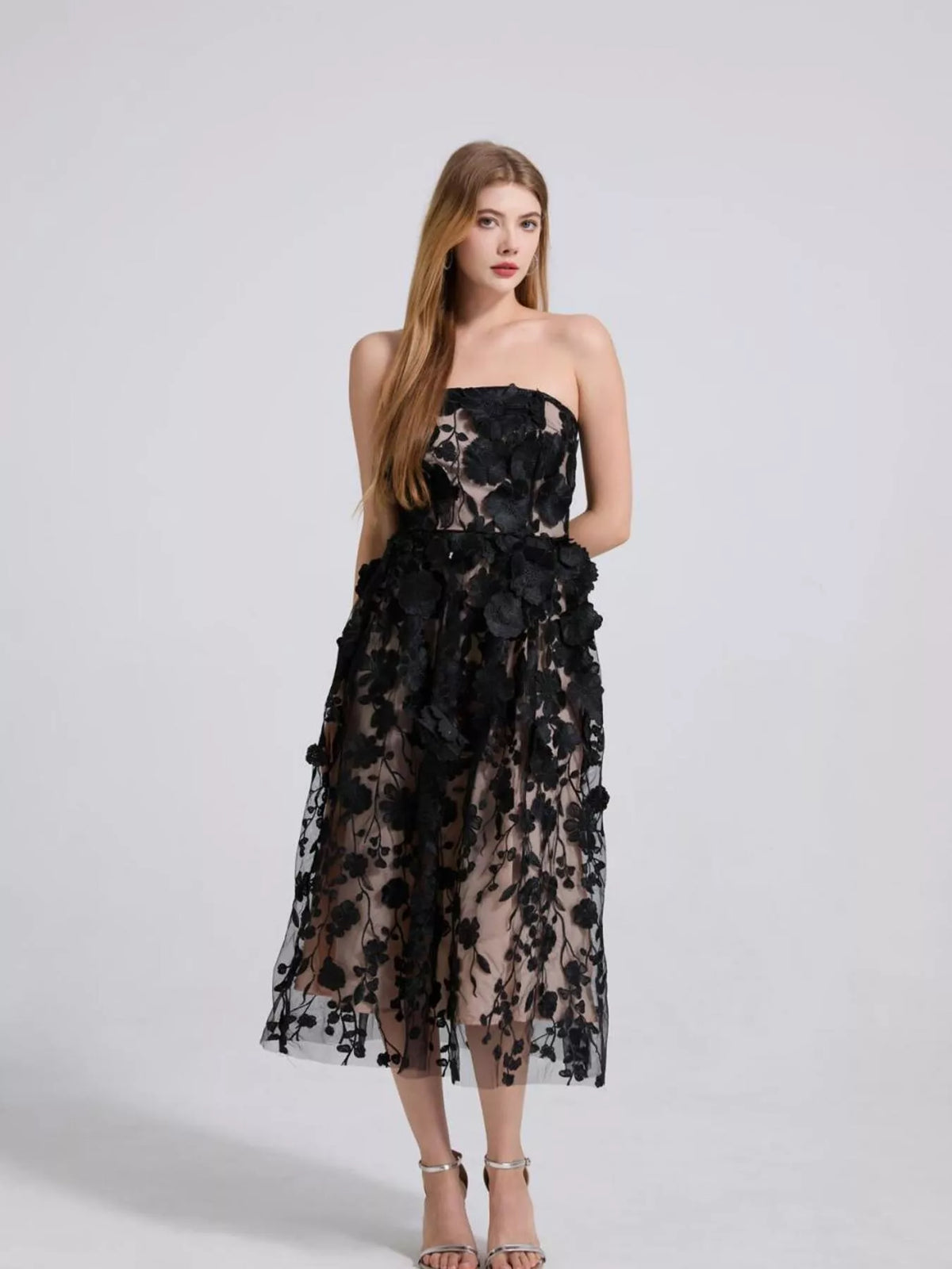 Floral Applique Strapless Midi Dress (3)