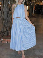 Striped Sleeveless Top Midi Skirt Two-piece Set (11)