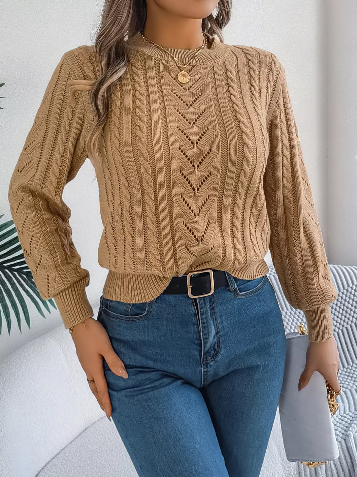 Cable-knit Round Neck Sweater (11)