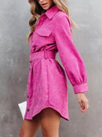 Button Front Belt Long Sleeve Corduroy Dress (5)