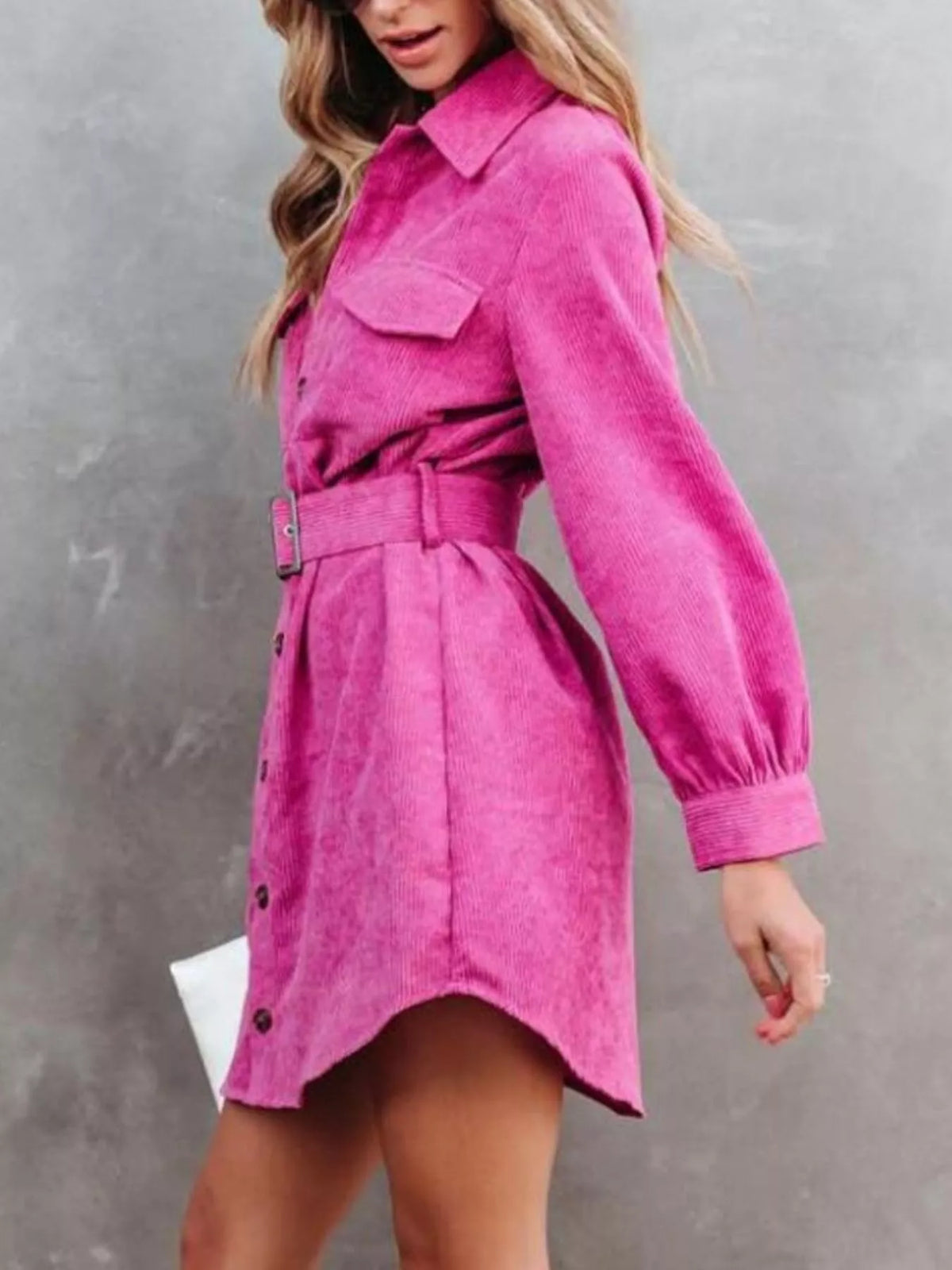 Button Front Belt Long Sleeve Corduroy Dress (5)