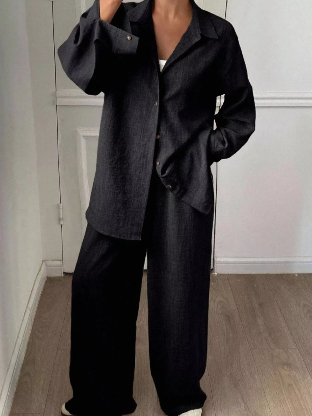 Button-down Shirt Wide-leg Pants Set (12)