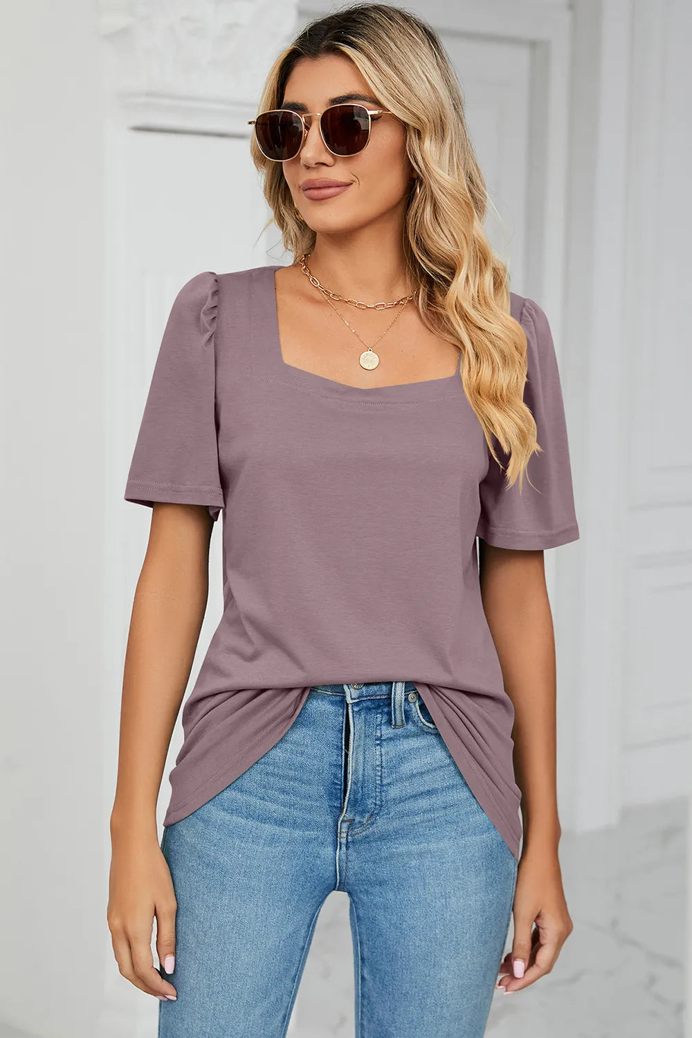 Square Neck Short Sleeve T-shirt (20)