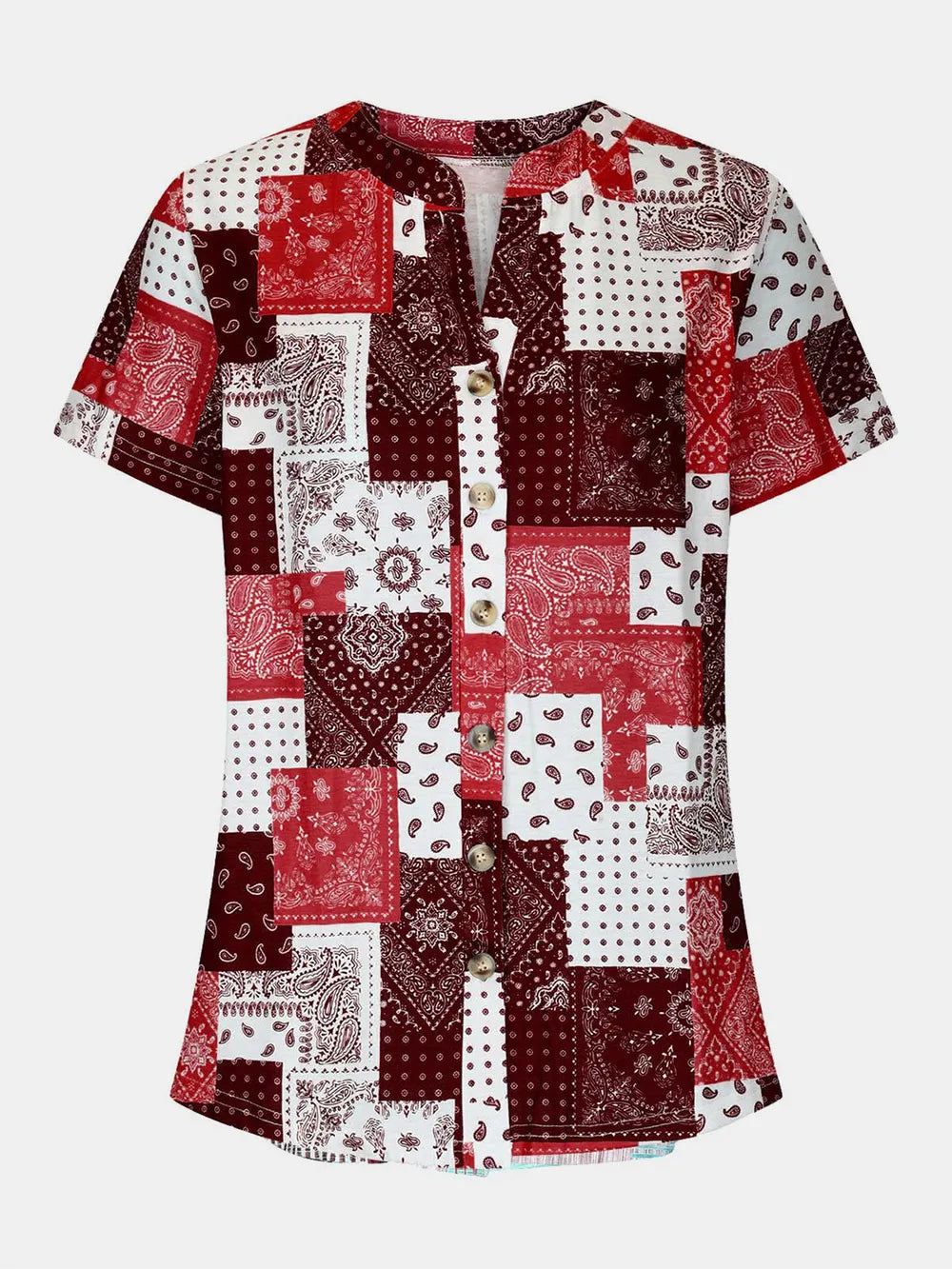 Printed Notched Short Sleeve Blouse (3)