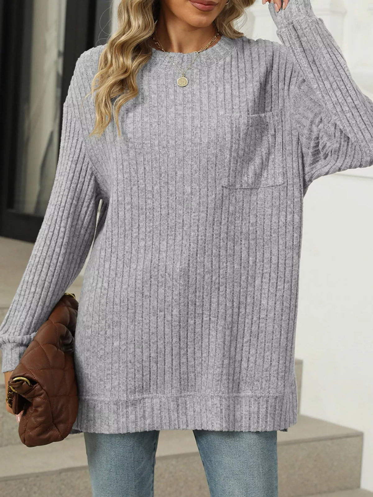 Ribbed Knit Round Neck Sweater (16)