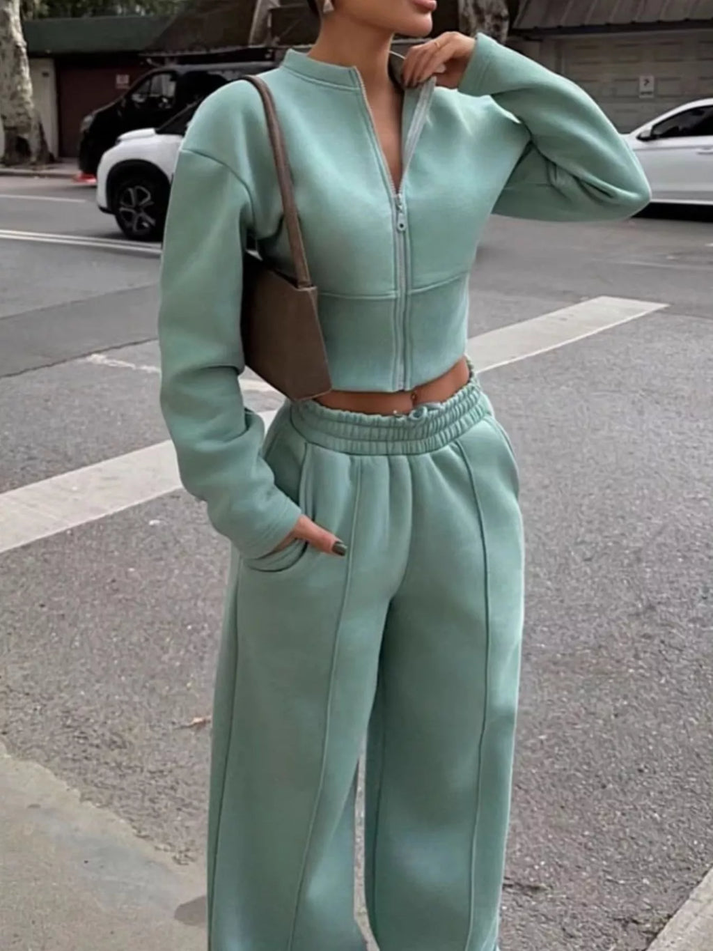 Zip-up Crop Jacket Wide-leg Pants Set (16)