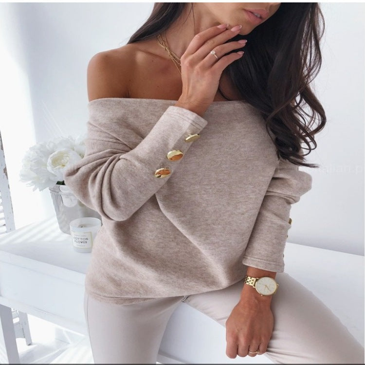 One-line Collar Button Long Sleeve Solid Color Base photo 2
