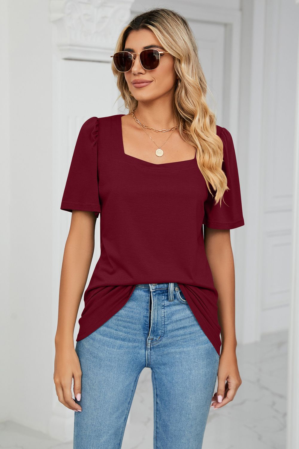 Square Neck Puff Sleeve T-shirt (8)