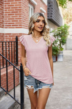 Eyelet Flutter Sleeve Scalloped V-neck Top (3)