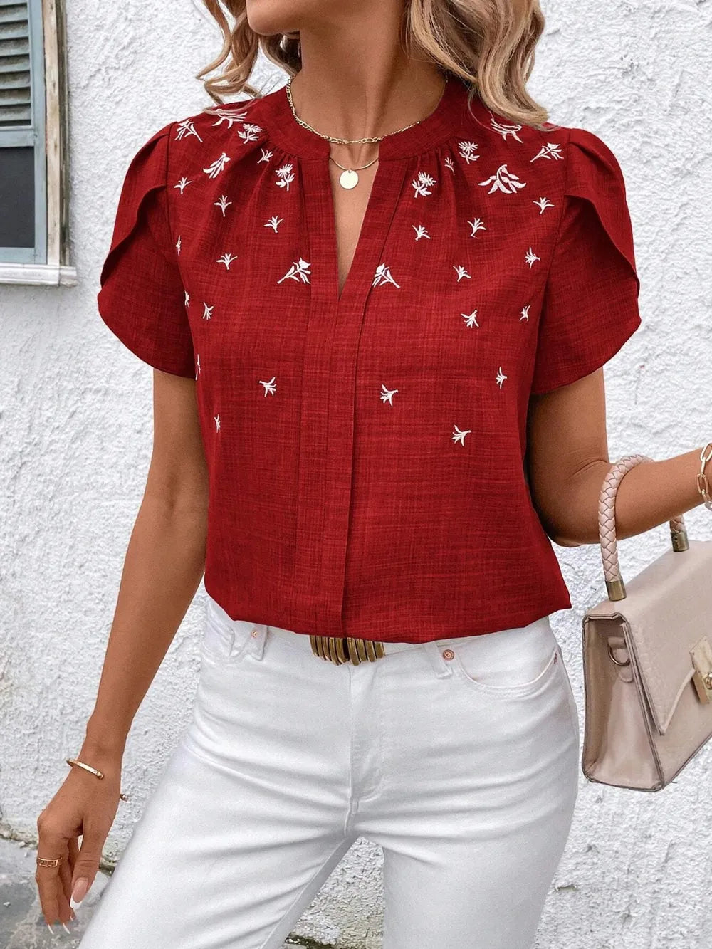 Floral Notched Short Sleeve Blouse (3)
