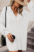 Collared Neck Long Sleeve Sweater Dress Pockets (14)