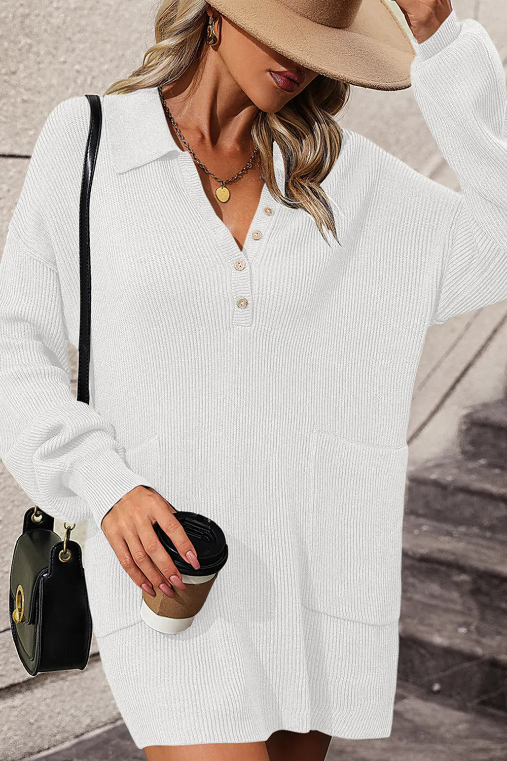 Collared Neck Long Sleeve Sweater Dress Pockets (14)