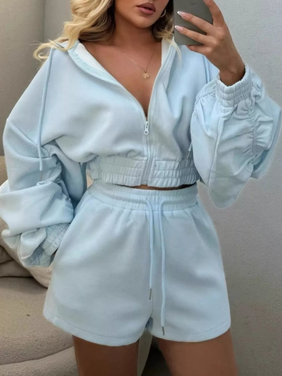 Zip-up Jacket High-waisted Drawstring Shorts Set (4)