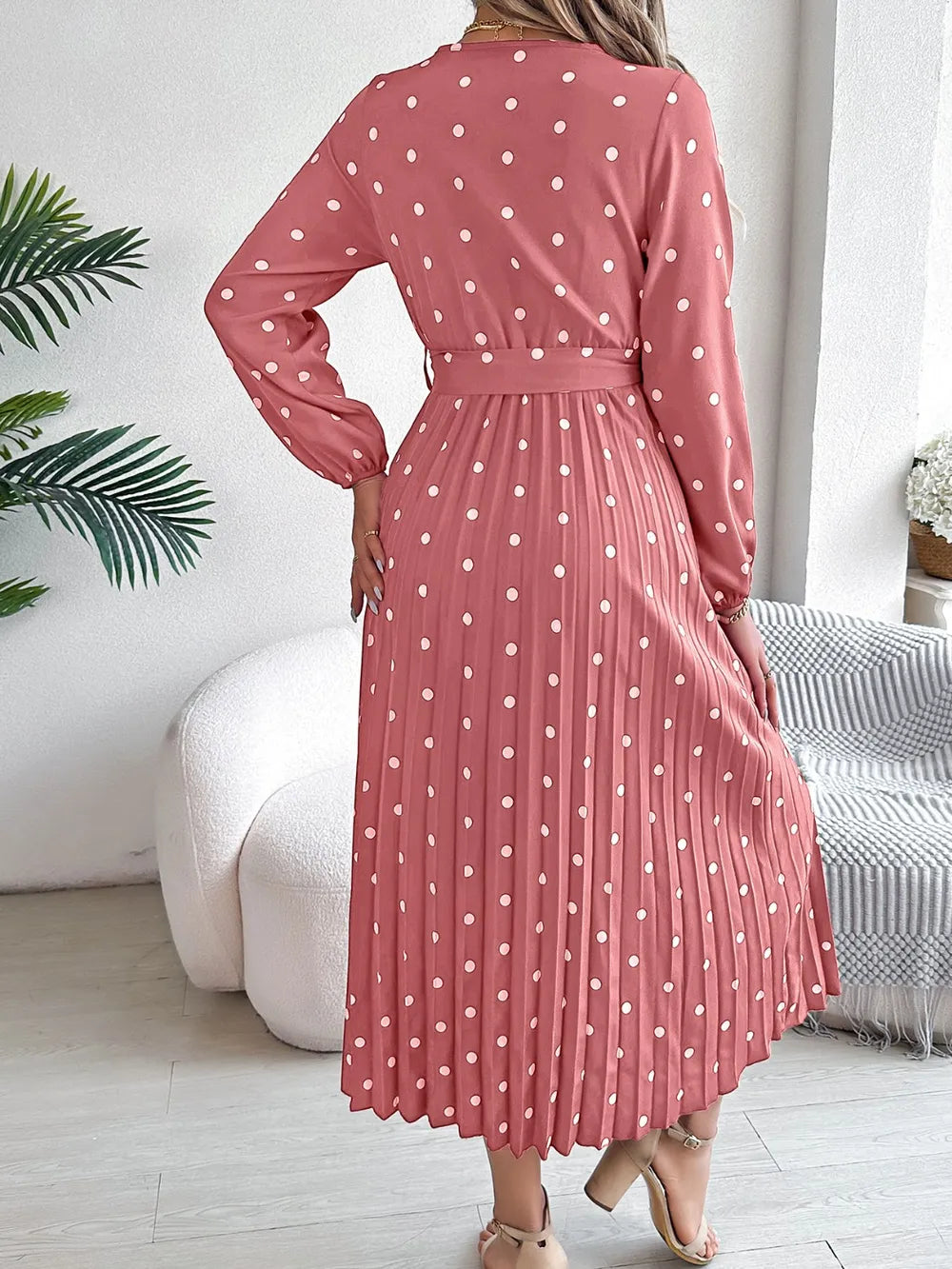 Tied Polka Dot Long Sleeve Midi Dress (3)