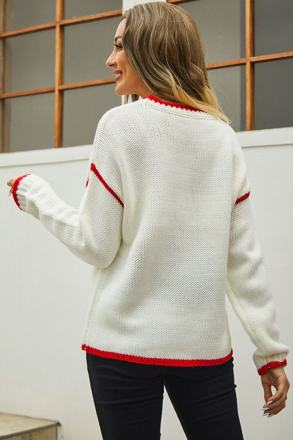 Round Neck Long Sleeve Waffle-knit Sweater (15)