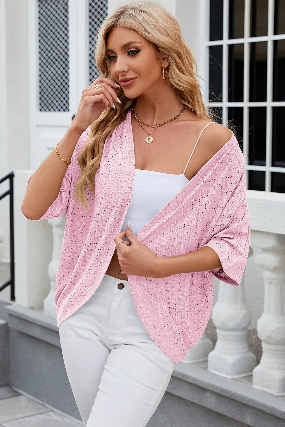 Eyelet Open Front Half Sleeve Cardigan (15)