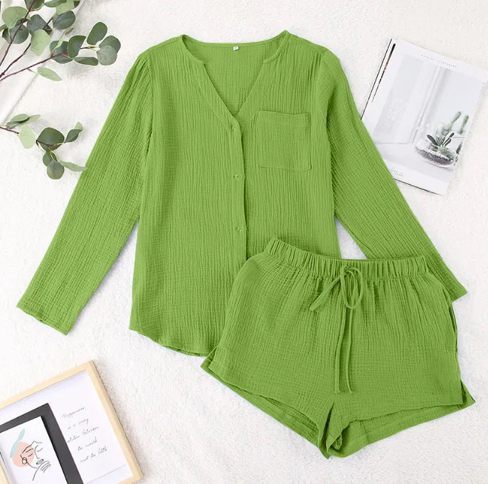 Notched Long Sleeve Top Shorts Set (18)