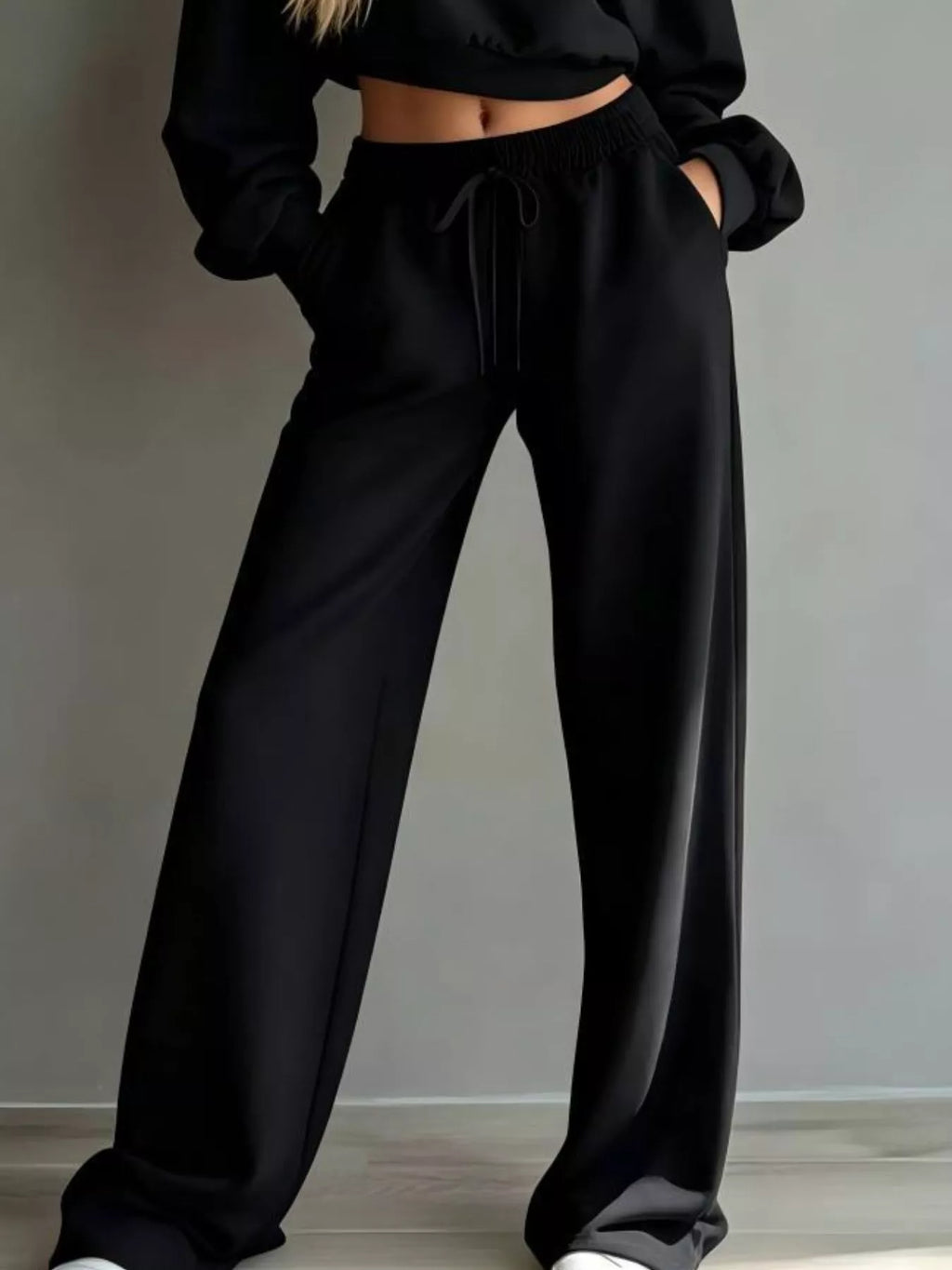 Round Neck Cropped Sweatshirt Wide-leg Pants (18)