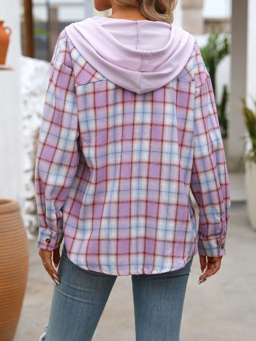 Plaid Button-up Hooded Shirt Chest Pocket (3)