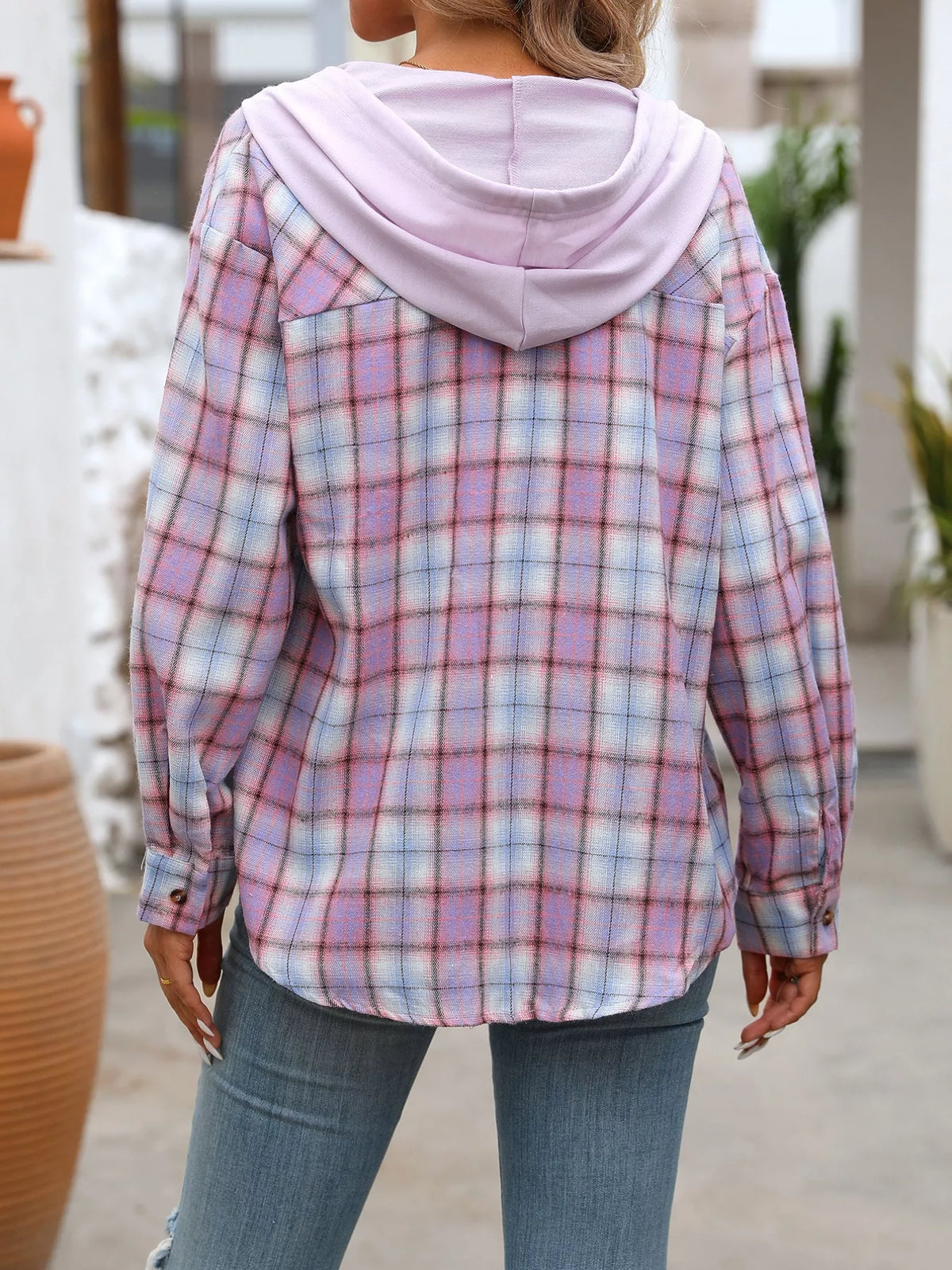 Plaid Button-up Hooded Shirt Chest Pocket (3)