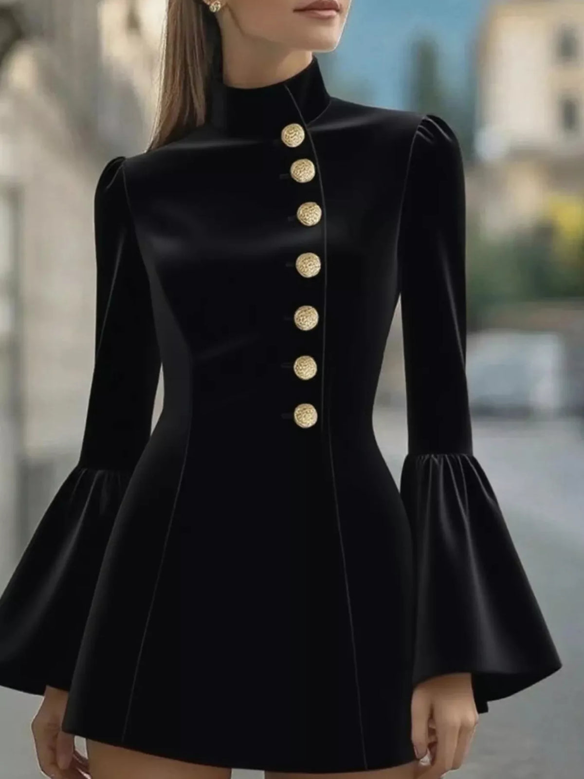 Bell Sleeve Mini Dress Front Button