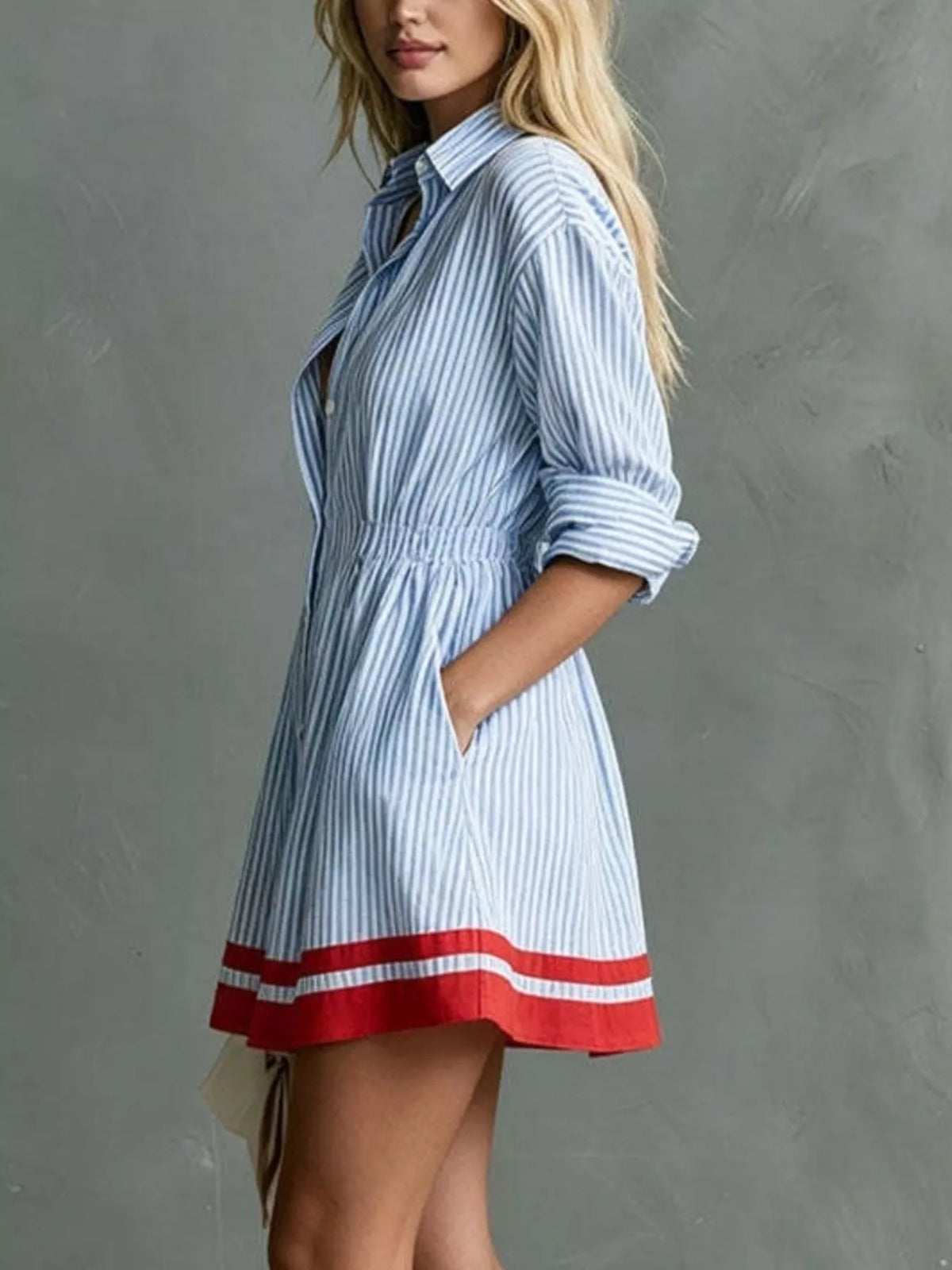 Striped Button-down Shirt Dress Contrast Hem (6)